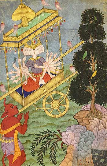 Ravana se apodera de la carroza Puspaka de Kubera